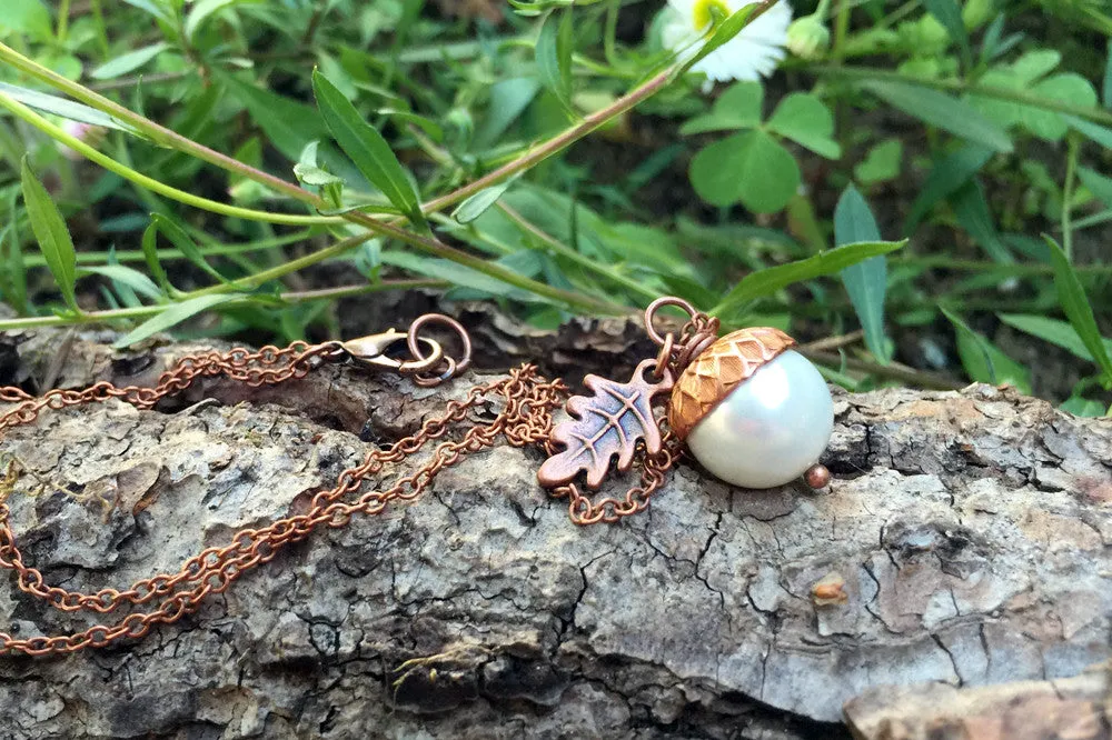 Snow and Copper Pearl Acorn Necklace | Cute Nature Acorn Charm Necklace | Fall Acorn Necklace | Woodland Acorn | Nature Jewelry