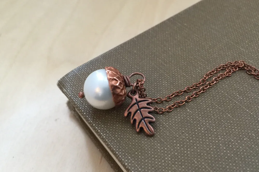 Snow and Copper Pearl Acorn Necklace | Cute Nature Acorn Charm Necklace | Fall Acorn Necklace | Woodland Acorn | Nature Jewelry