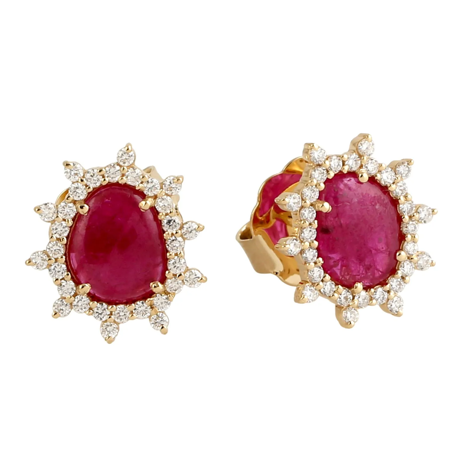 Solid 18k Rose Gold Natural Ruby Diamond Star Burst Halo Stud Earrings