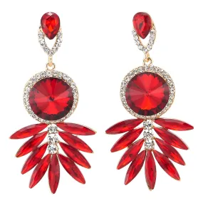 Sparkling Red Crystal Rhinestones Cluster Leaf Chandelier Long Dangle Gold Statement Earrings, Prom