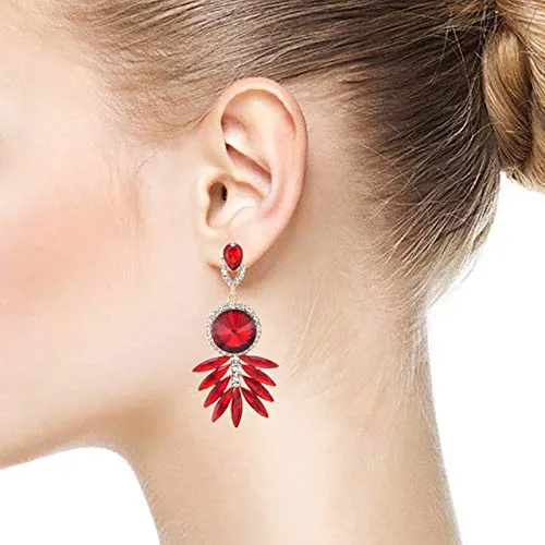 Sparkling Red Crystal Rhinestones Cluster Leaf Chandelier Long Dangle Gold Statement Earrings, Prom