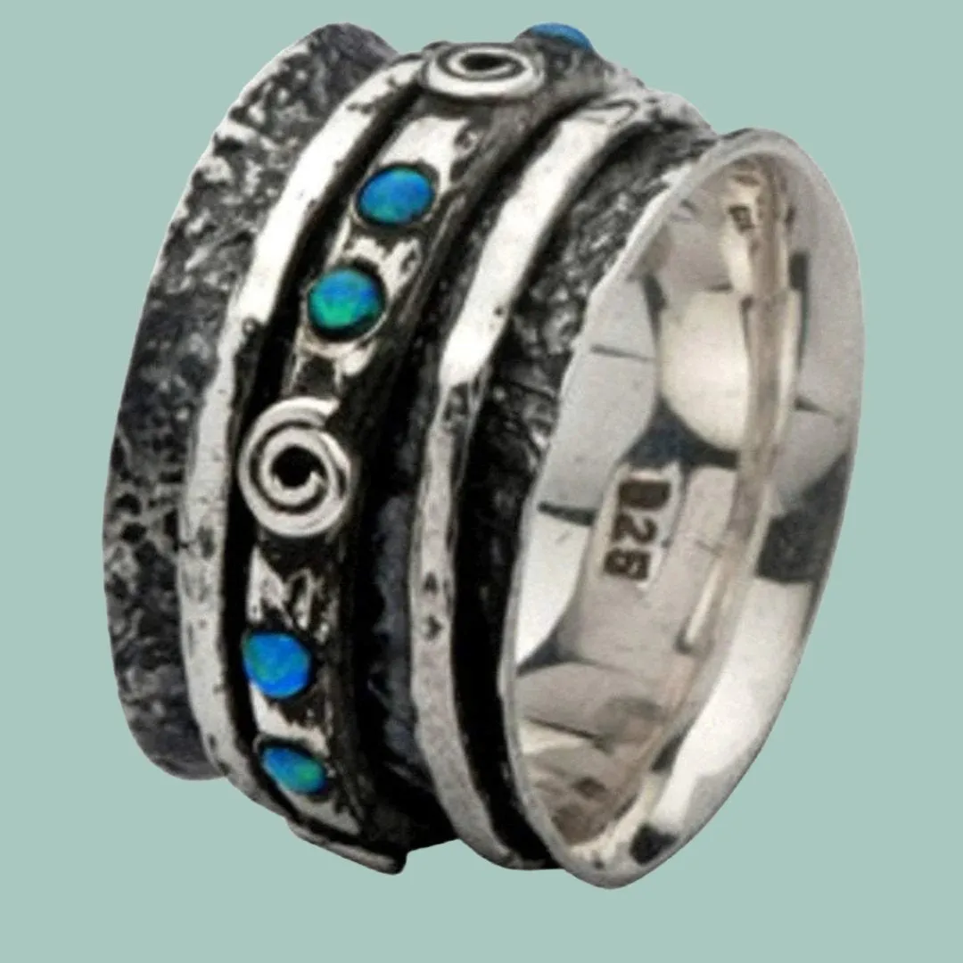 Spinner rings for women Israeli opal ring,  Unisex ring with blue opals.