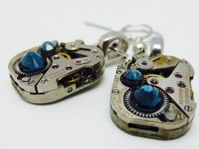 Steampunk watch earrings - Almost Time  - Steampunk Earrings - Sapphire - Repurposed art