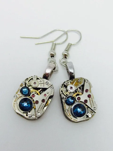 Steampunk watch earrings - Almost Time  - Steampunk Earrings - Sapphire - Repurposed art