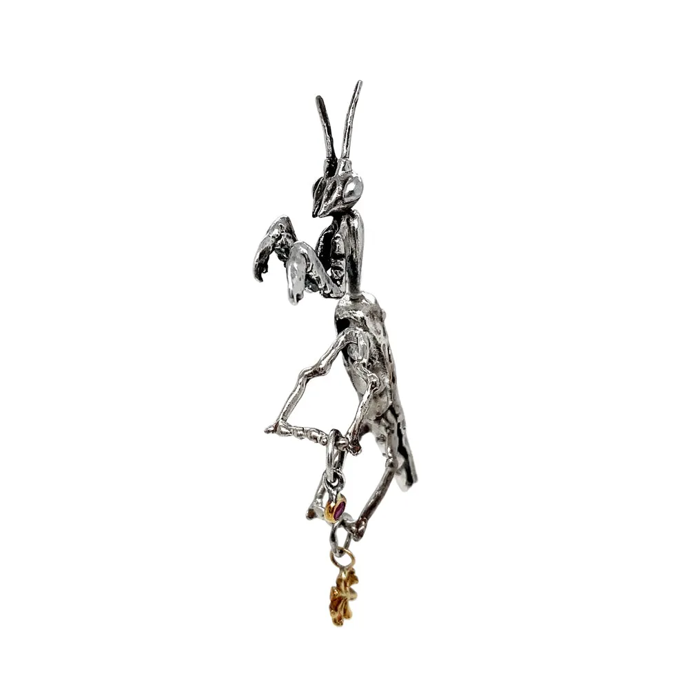 Sterling Silver & 14K Yellow Gold Praying Mantis Earring - "Mantodea"