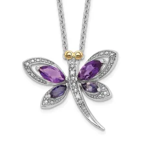 Sterling Silver And 14K Amethyst And Iolite And Diamond Dragonfly Necklace