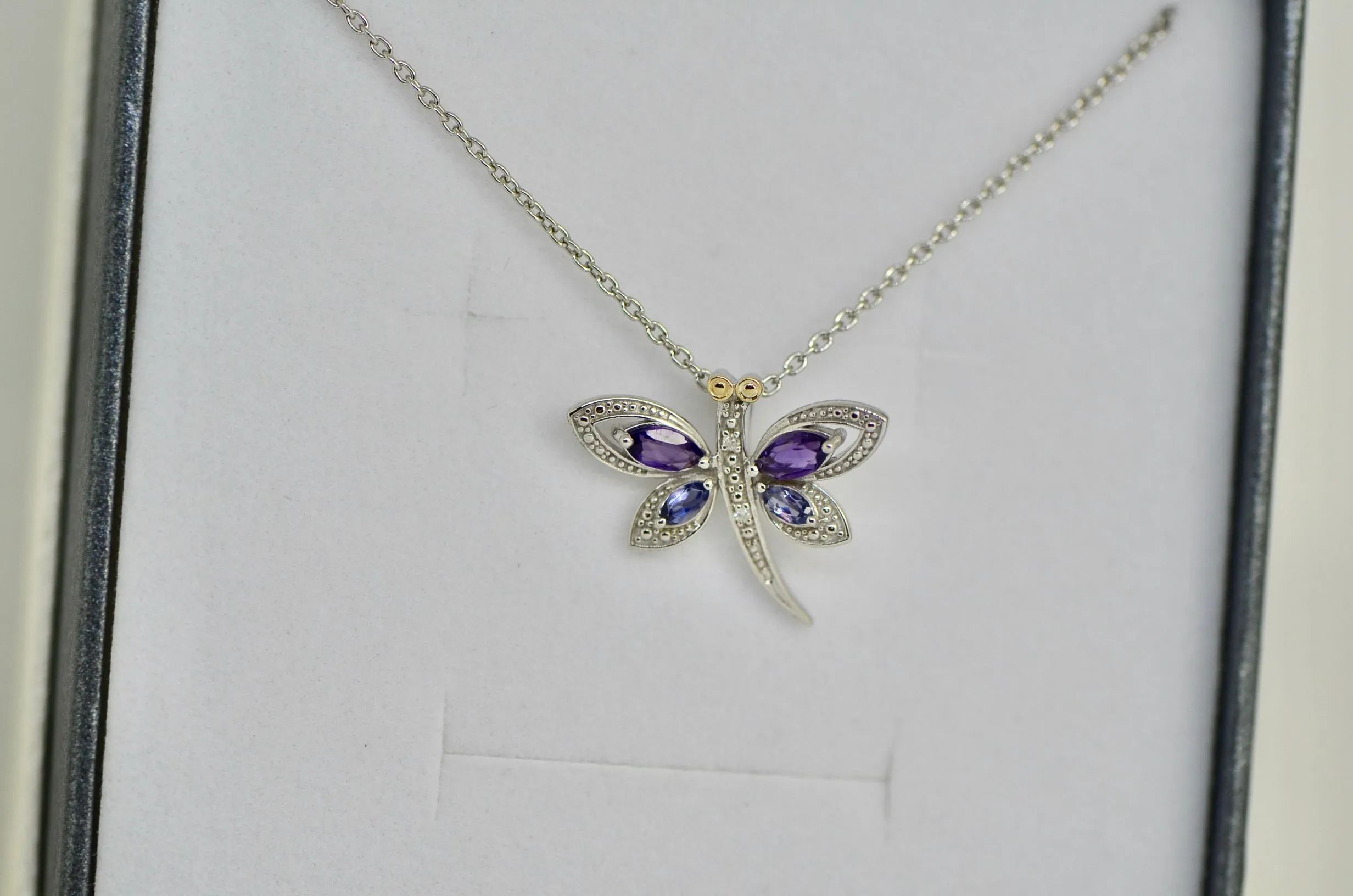 Sterling Silver And 14K Amethyst And Iolite And Diamond Dragonfly Necklace