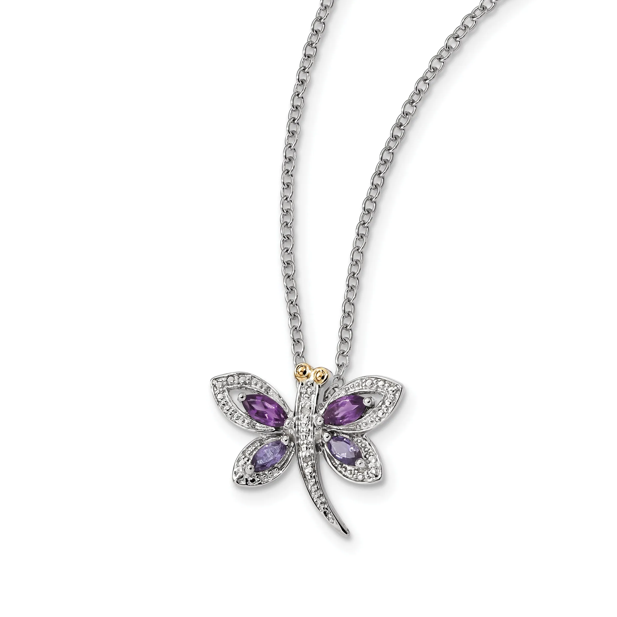 Sterling Silver And 14K Amethyst And Iolite And Diamond Dragonfly Necklace