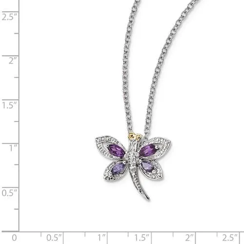 Sterling Silver And 14K Amethyst And Iolite And Diamond Dragonfly Necklace