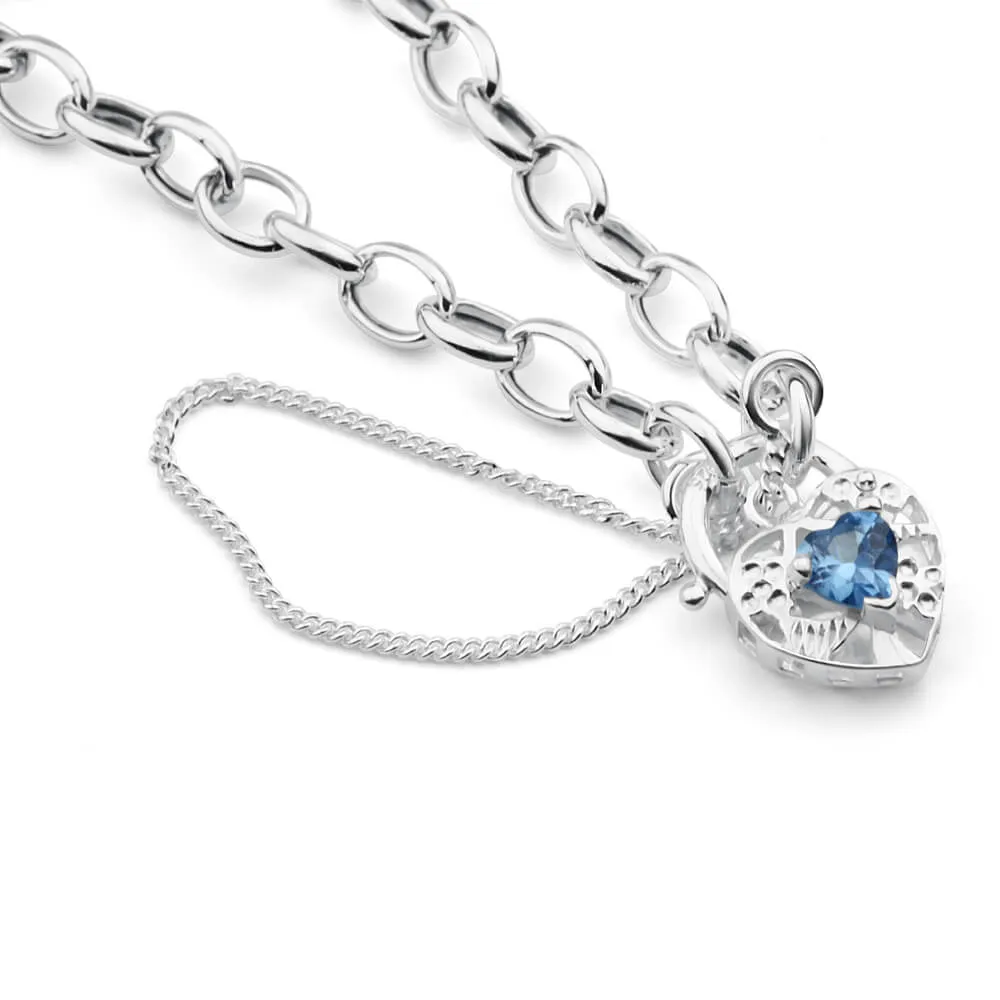 Sterling Silver Blue Cubic Zirconia Belcher Padlock Bracelet 19cm