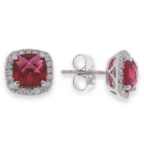 Sterling Silver Cushion Cut Ruby CZ Halo Stud Earring