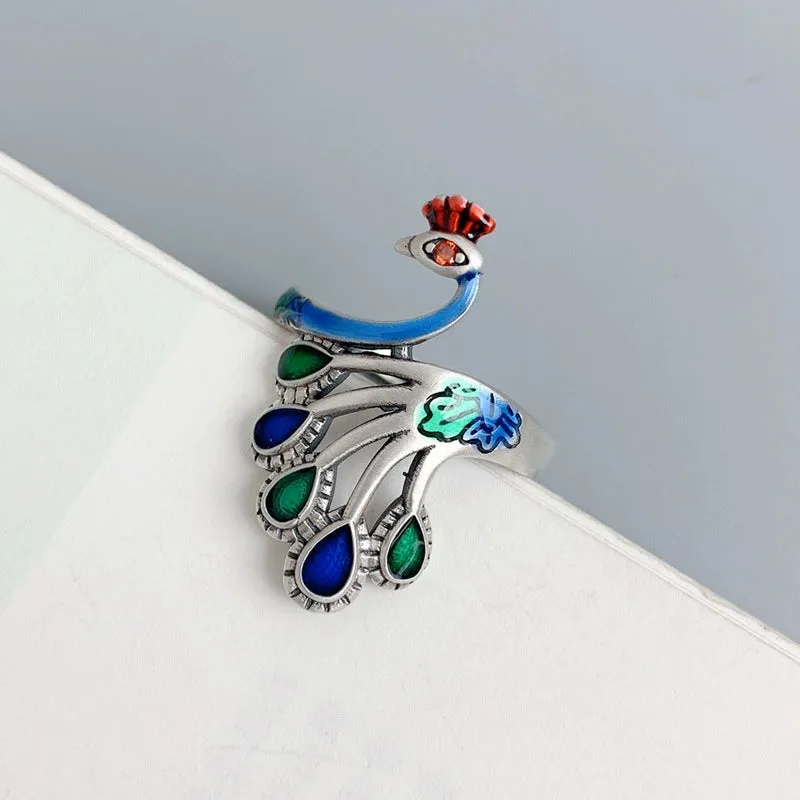 Sterling Silver Retro Thai Silver Ethnic Style Classical Ring Women's Light Luxury Open Index Finger Fashion Personality Exaggerated Peacock Phoenix