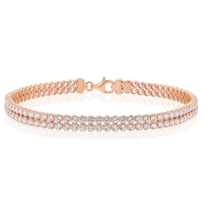 Sterling Silver Rose Gold Plated Two Row Cubic Zirconia Tennis 19cm Bracelet