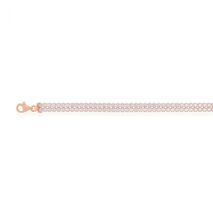 Sterling Silver Rose Gold Plated Two Row Cubic Zirconia Tennis 19cm Bracelet