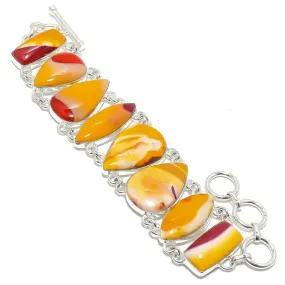 Sterling Silver Yellow & Deep-Red Mookaite Jasper Gemstone Adjustable Bracelet