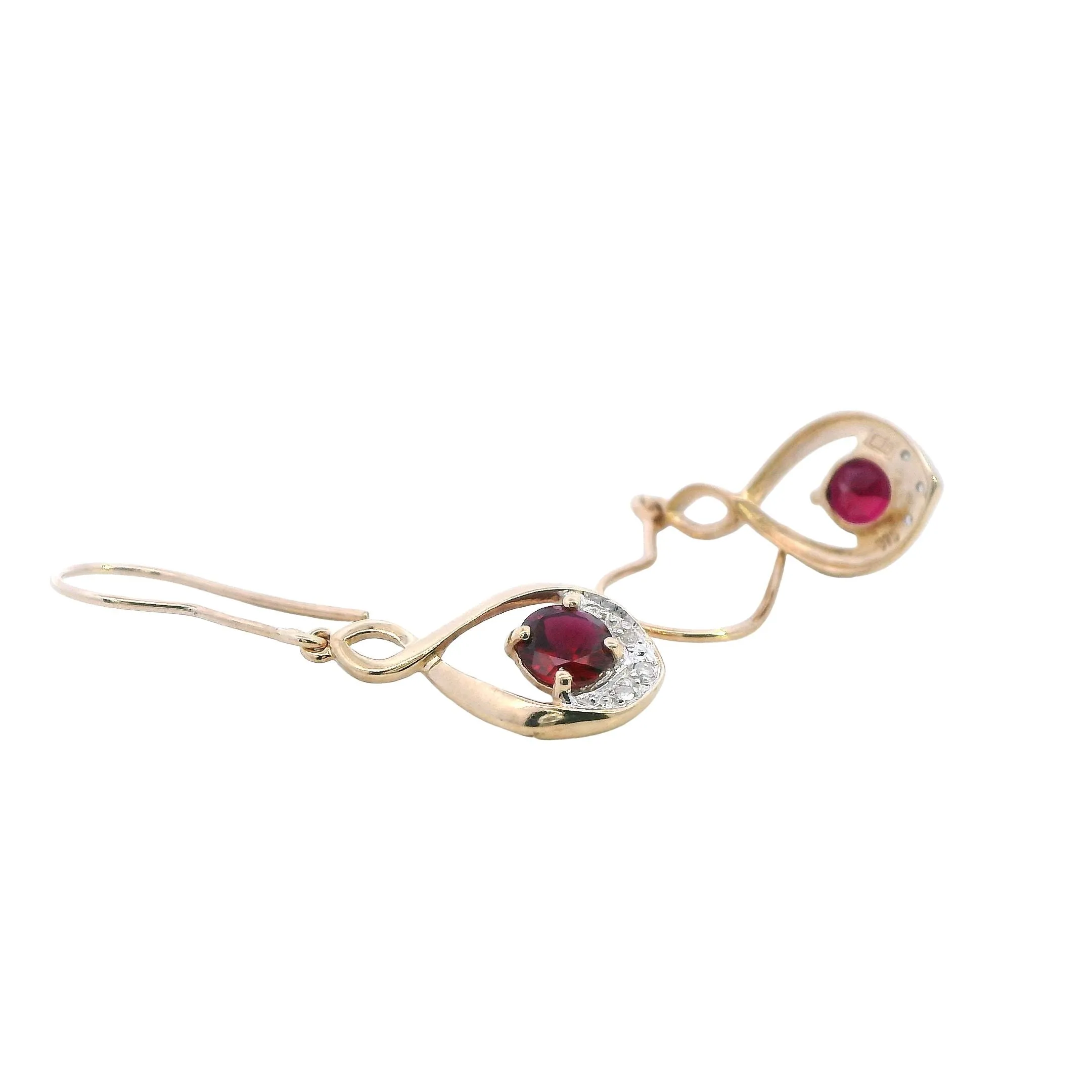 Stunning 9ct Yellow Gold Synthetic Ruby & Diamond Drop Earrings