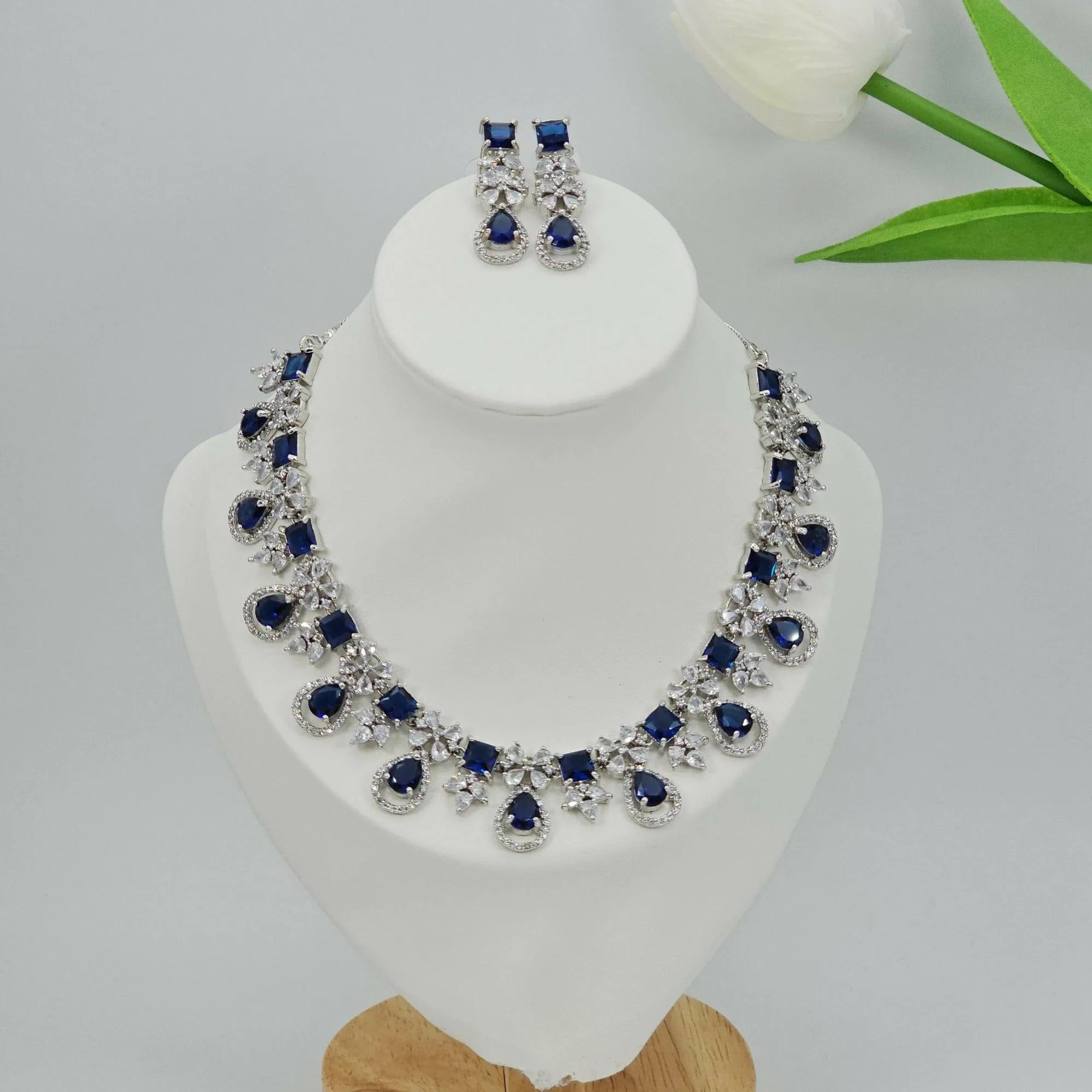 Stunning Amal American Diamond Necklace Set - Silver CZ Gems for a Glamorous Look