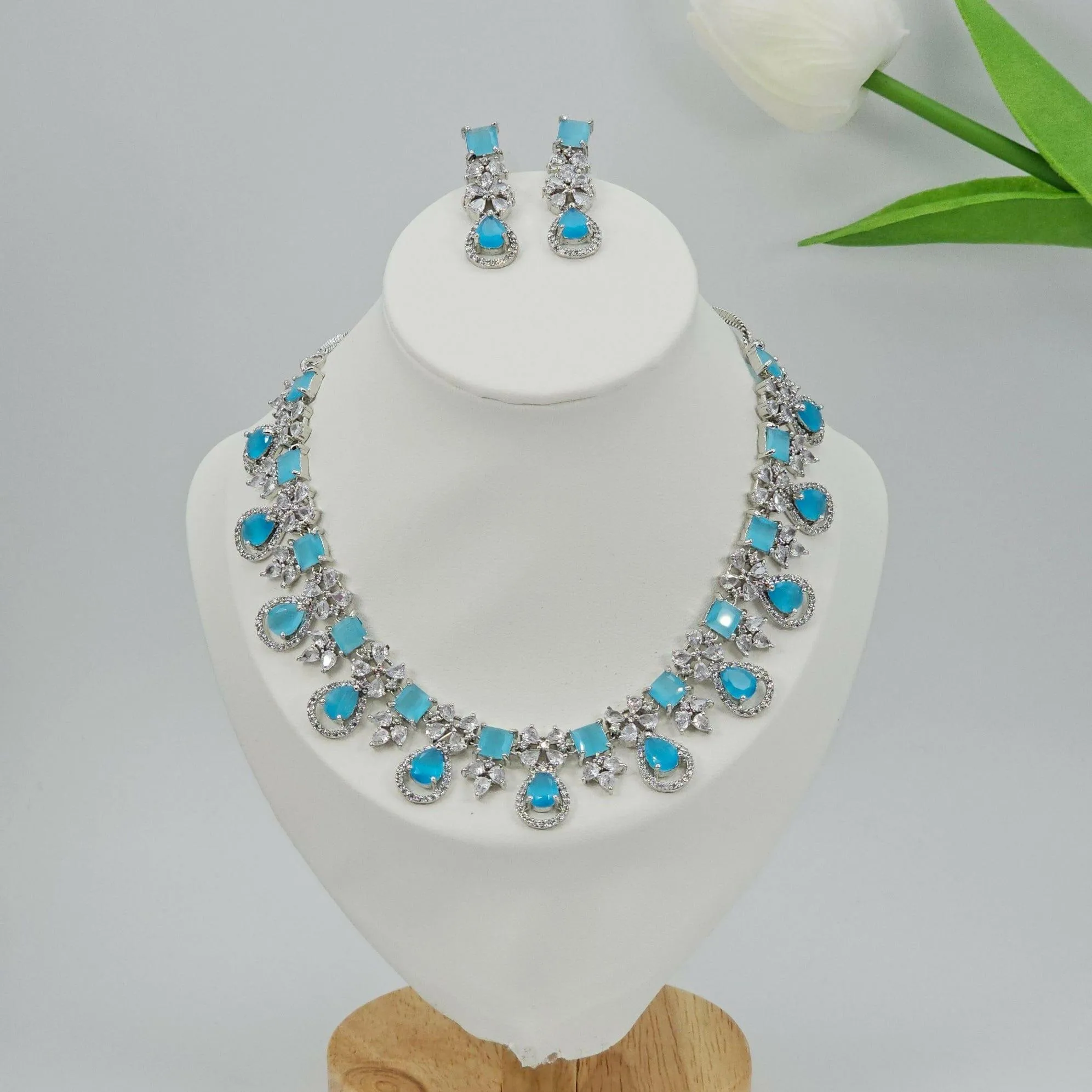 Stunning Amal American Diamond Necklace Set - Silver CZ Gems for a Glamorous Look