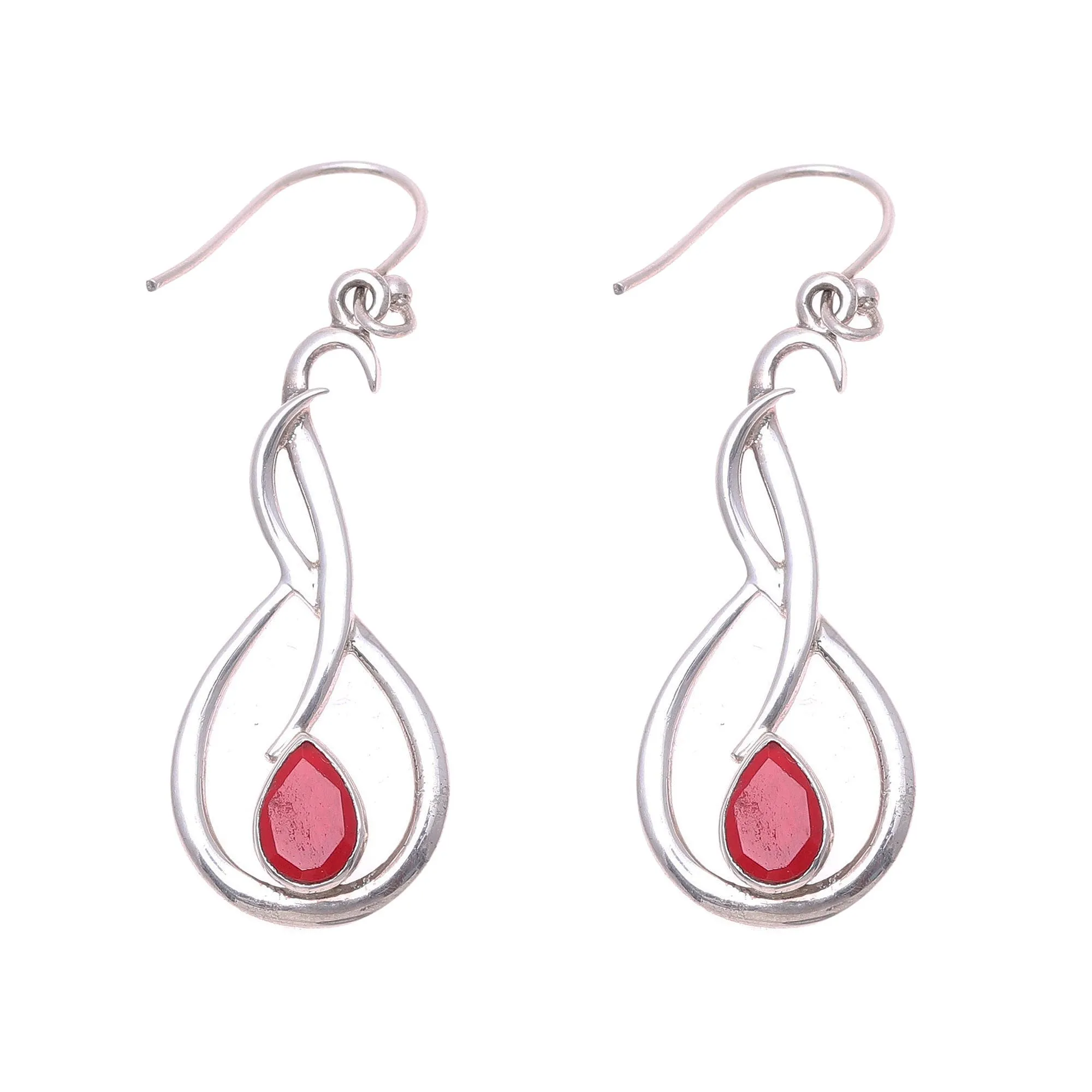 Swirl Motif Ruby Dangle Earrings from India - Fiery Dance | NOVICA