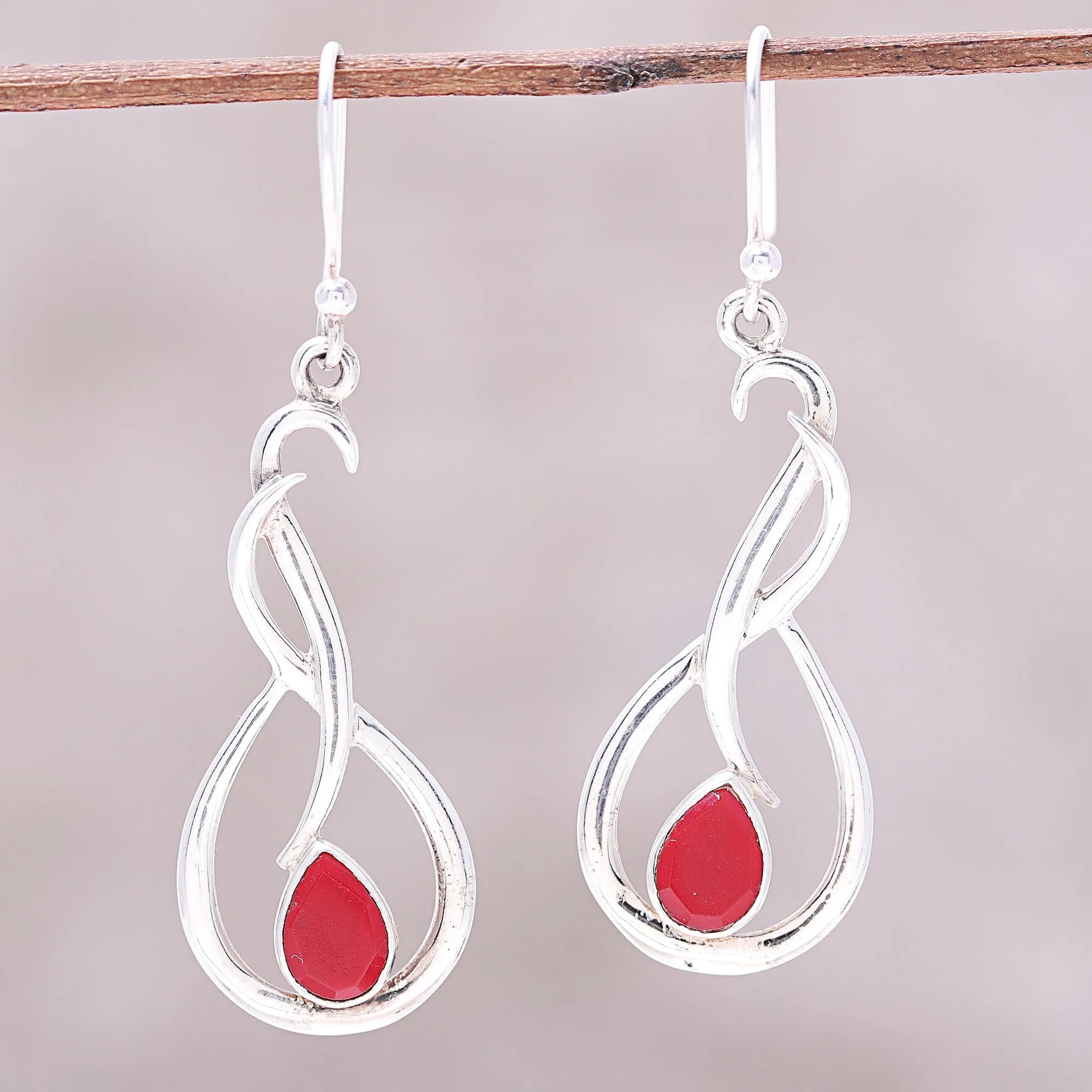 Swirl Motif Ruby Dangle Earrings from India - Fiery Dance | NOVICA