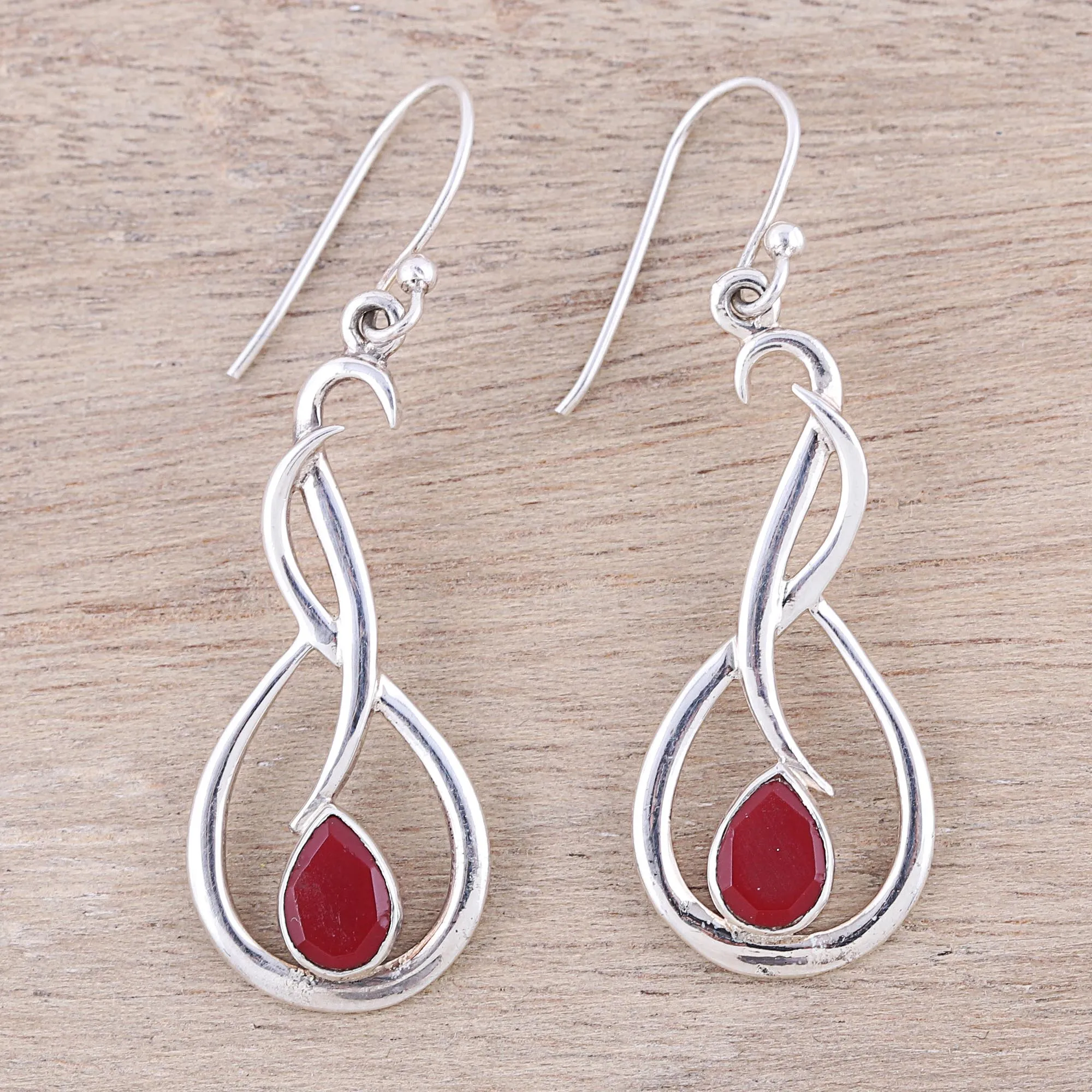 Swirl Motif Ruby Dangle Earrings from India - Fiery Dance | NOVICA