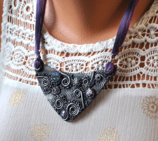 Swirl Purple Bib Necklace, Purple Necklace, Polymer Clay