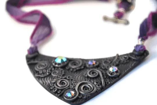 Swirl Purple Bib Necklace, Purple Necklace, Polymer Clay