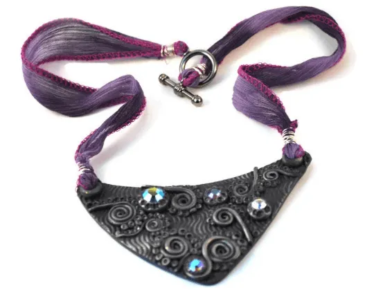 Swirl Purple Bib Necklace, Purple Necklace, Polymer Clay