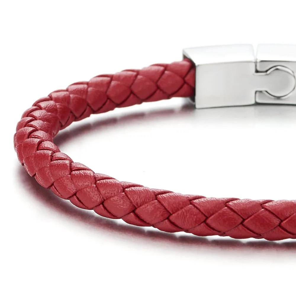 Thin Red Braided Leather Bracelet Leather Bangle Wristband, Steel Magnetic Clasp for Men Women