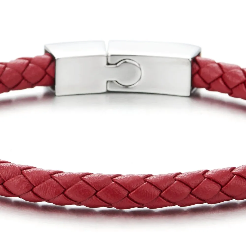 Thin Red Braided Leather Bracelet Leather Bangle Wristband, Steel Magnetic Clasp for Men Women