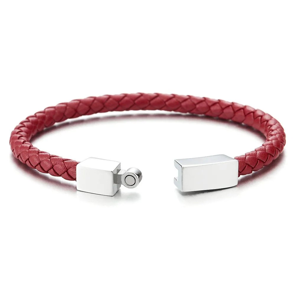 Thin Red Braided Leather Bracelet Leather Bangle Wristband, Steel Magnetic Clasp for Men Women