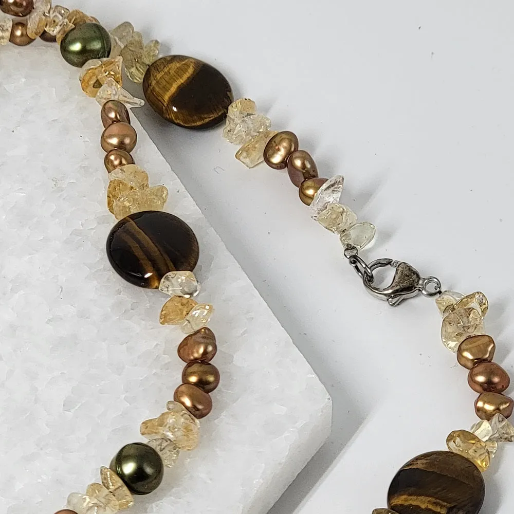 Tigers Eye Pearl and Citrine Necklace