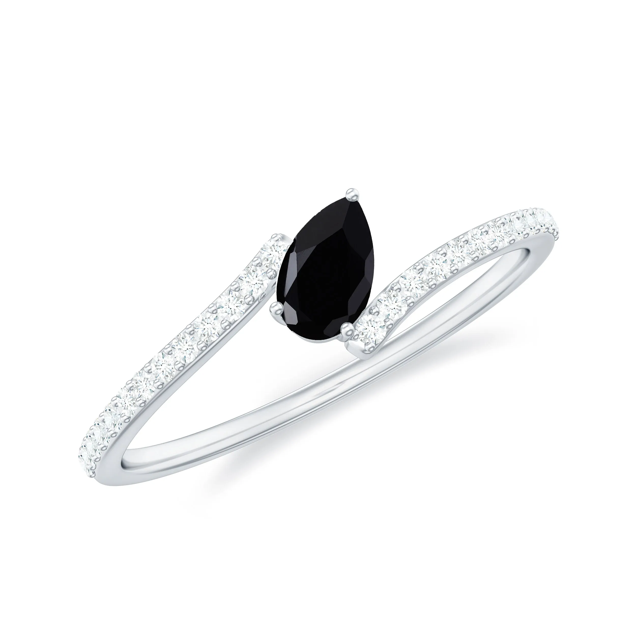 Tilted Pear Shape Black Spinel and Diamond Bypass Promise Ring