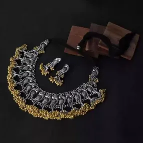 Trendia Peacock Design Choker Necklace with Golden Ghungroo Jhumkas