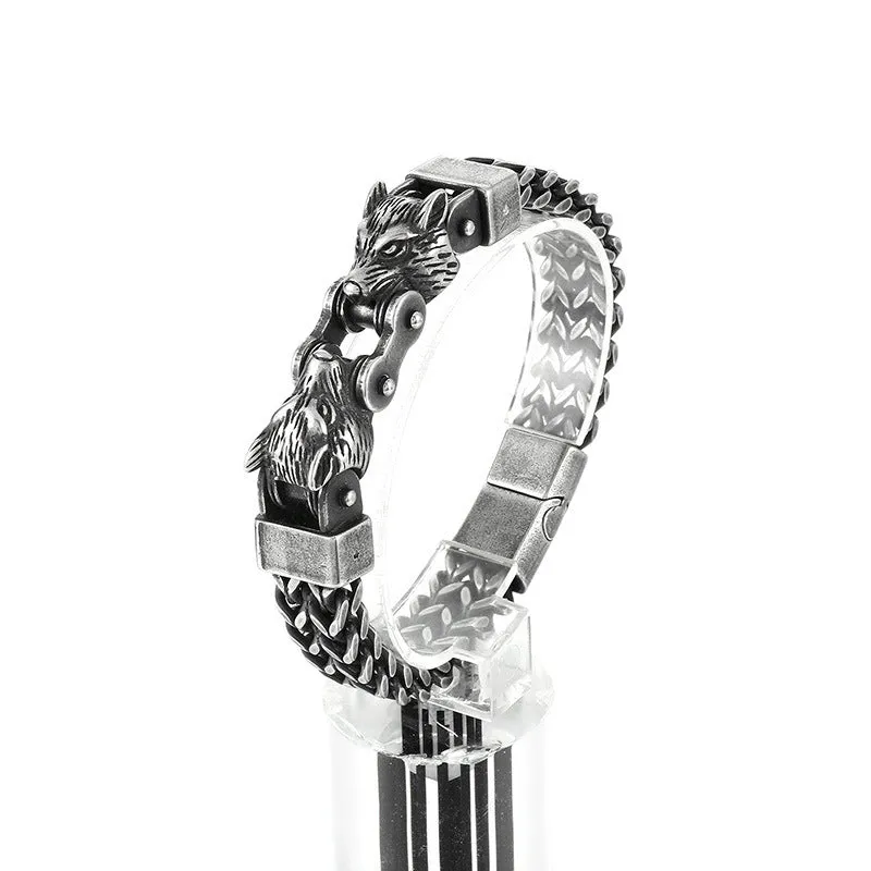 Trendy Hip-Hop Double Wolf Head Magnet Buckle Bracelet for Men in Titanium Steel