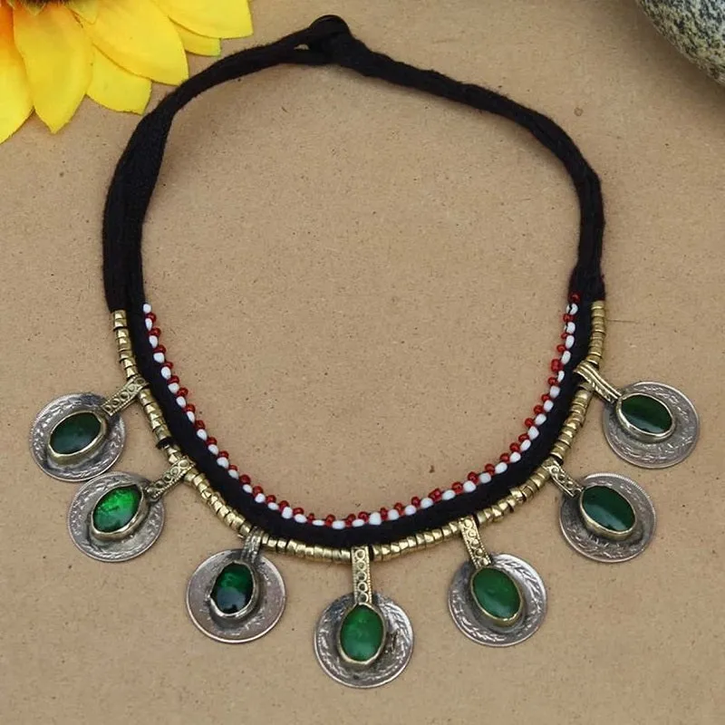 Tribal Stone Embedded Vintage Coins Choker Necklace