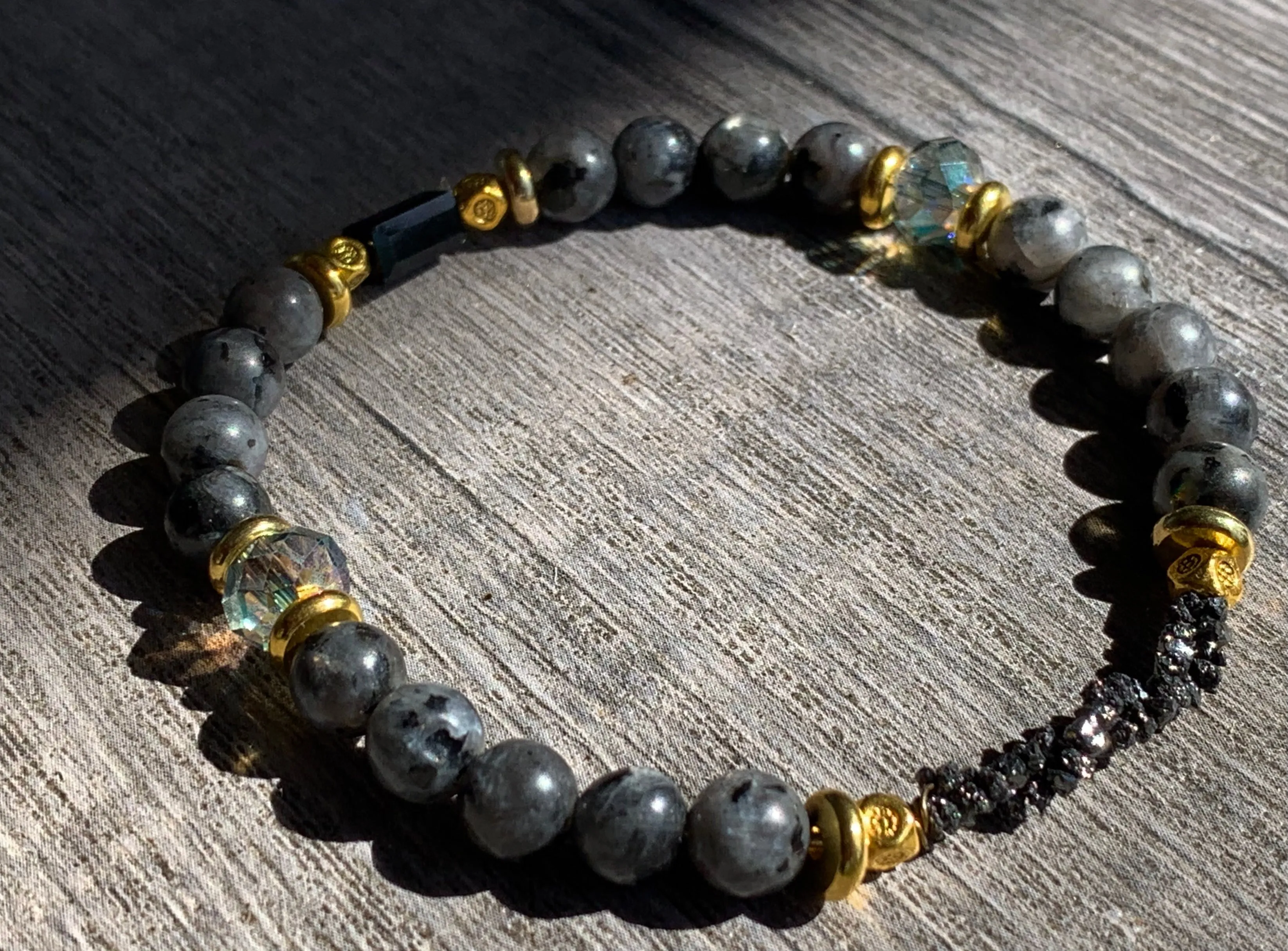 Victor Handmade Black Diamond, Labradorite, Austrian Crystal, and Gold Plated Hematite Expandable Bracelet