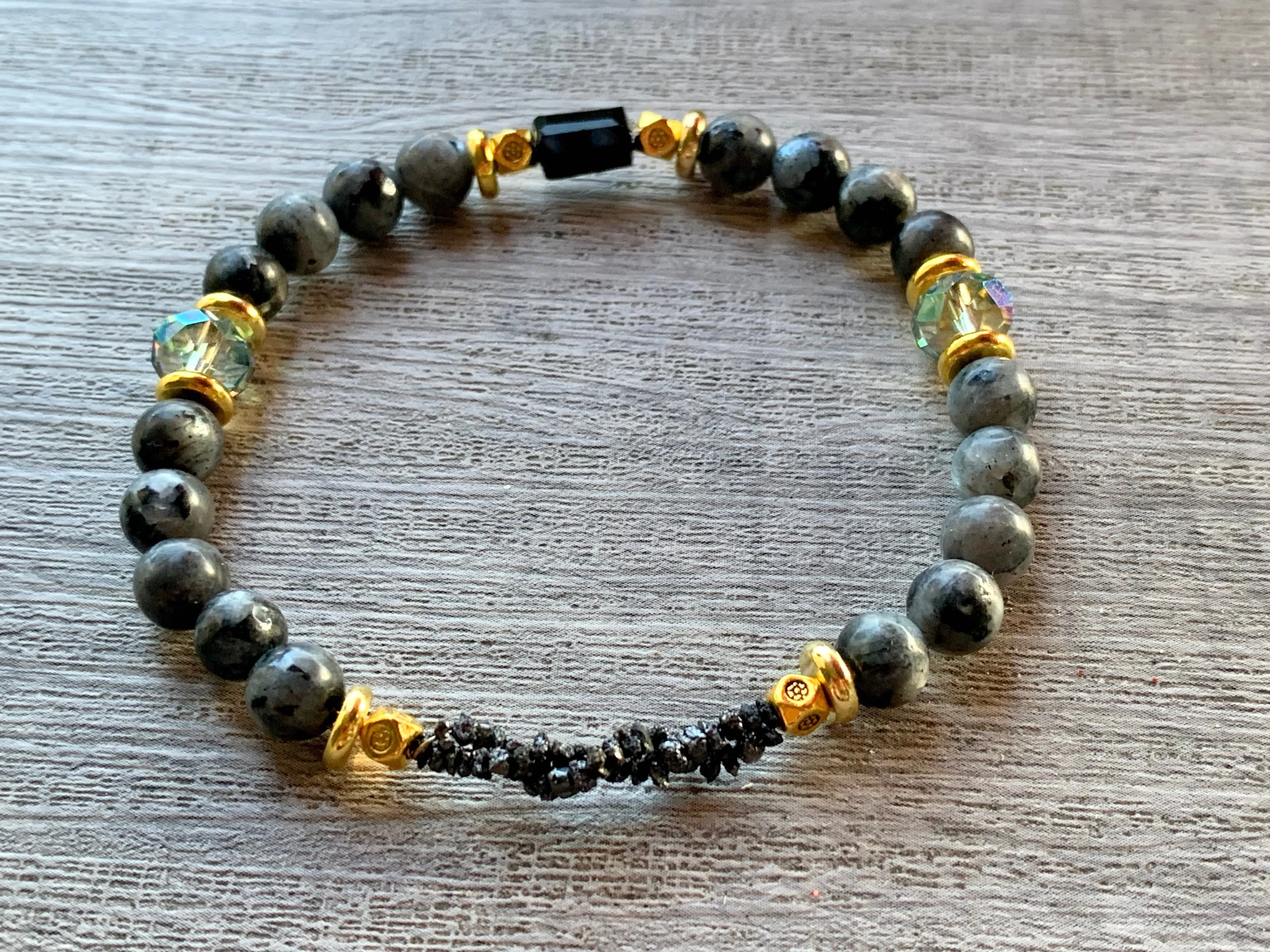 Victor Handmade Black Diamond, Labradorite, Austrian Crystal, and Gold Plated Hematite Expandable Bracelet