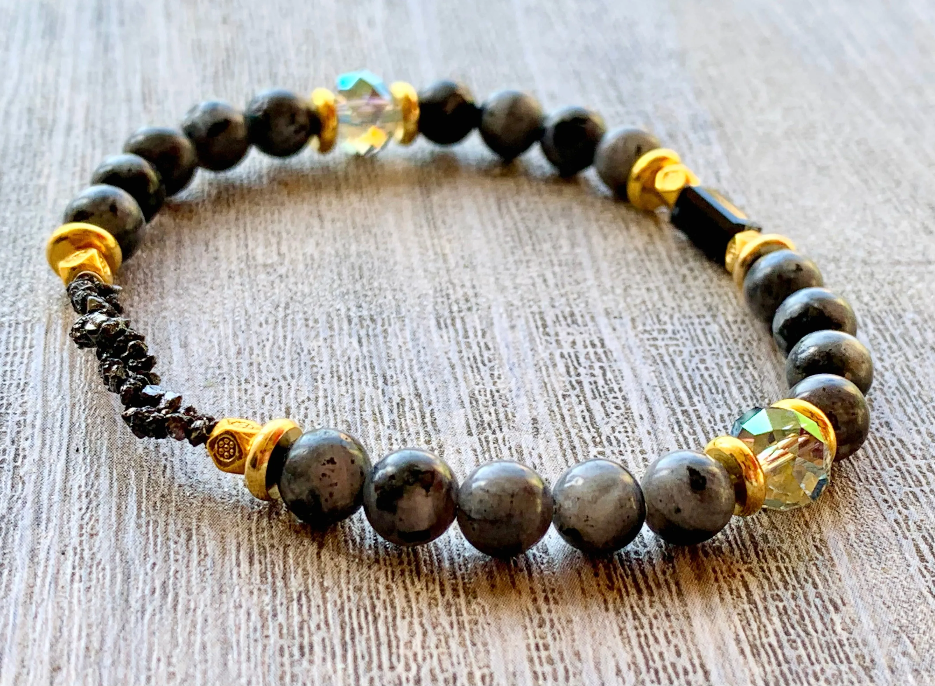 Victor Handmade Black Diamond, Labradorite, Austrian Crystal, and Gold Plated Hematite Expandable Bracelet