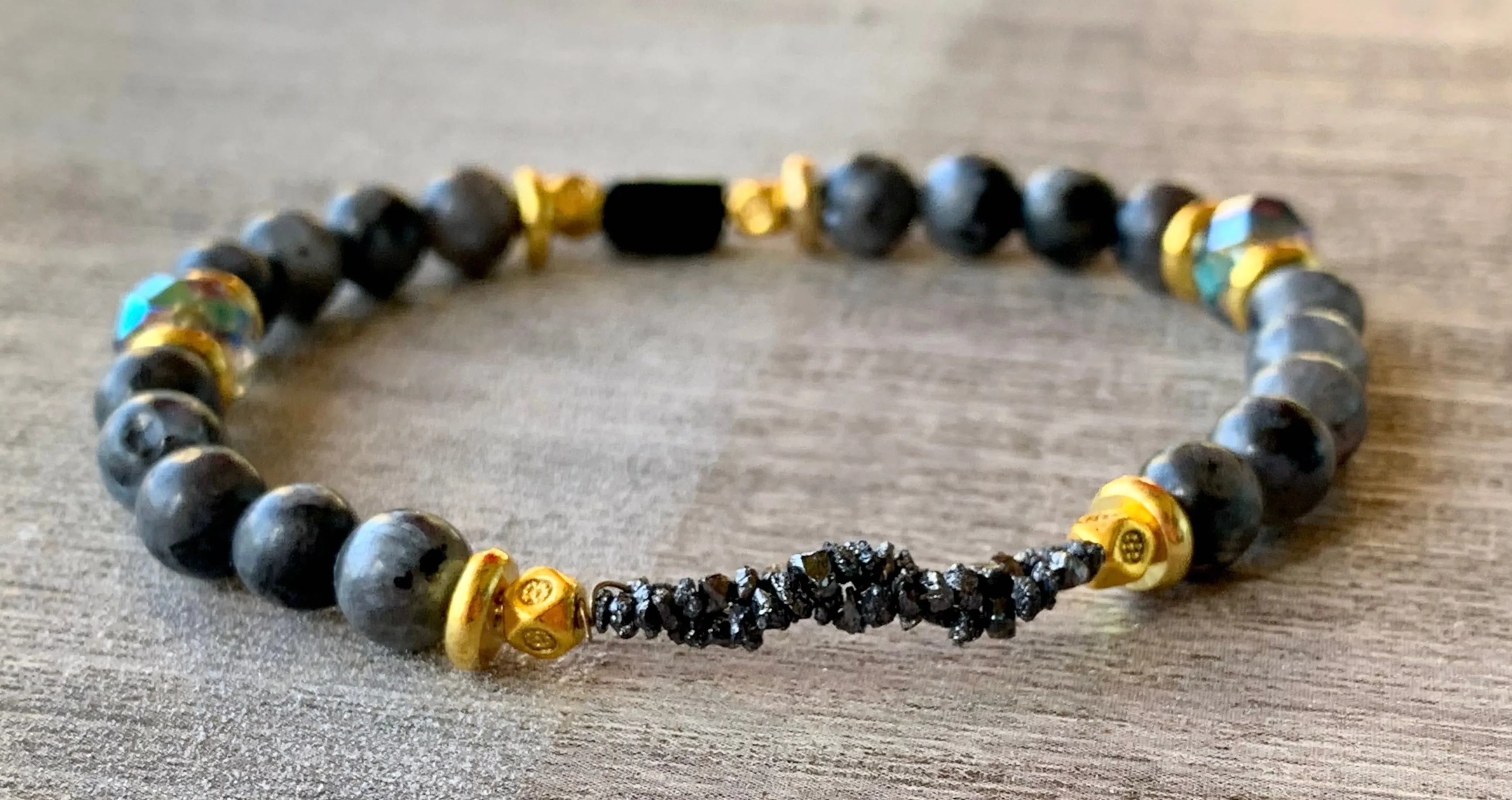 Victor Handmade Black Diamond, Labradorite, Austrian Crystal, and Gold Plated Hematite Expandable Bracelet