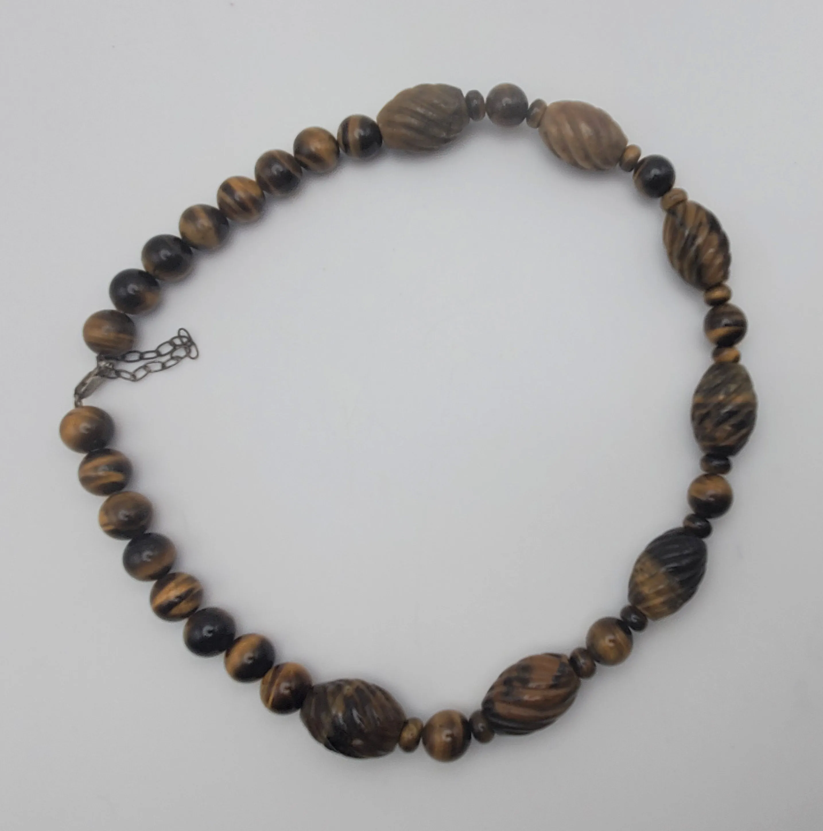 Vintage Handmade Carved Tiger's Eye Bead Necklace with Sterling Silver Clasp and Extension chain - 20.25   2.25"