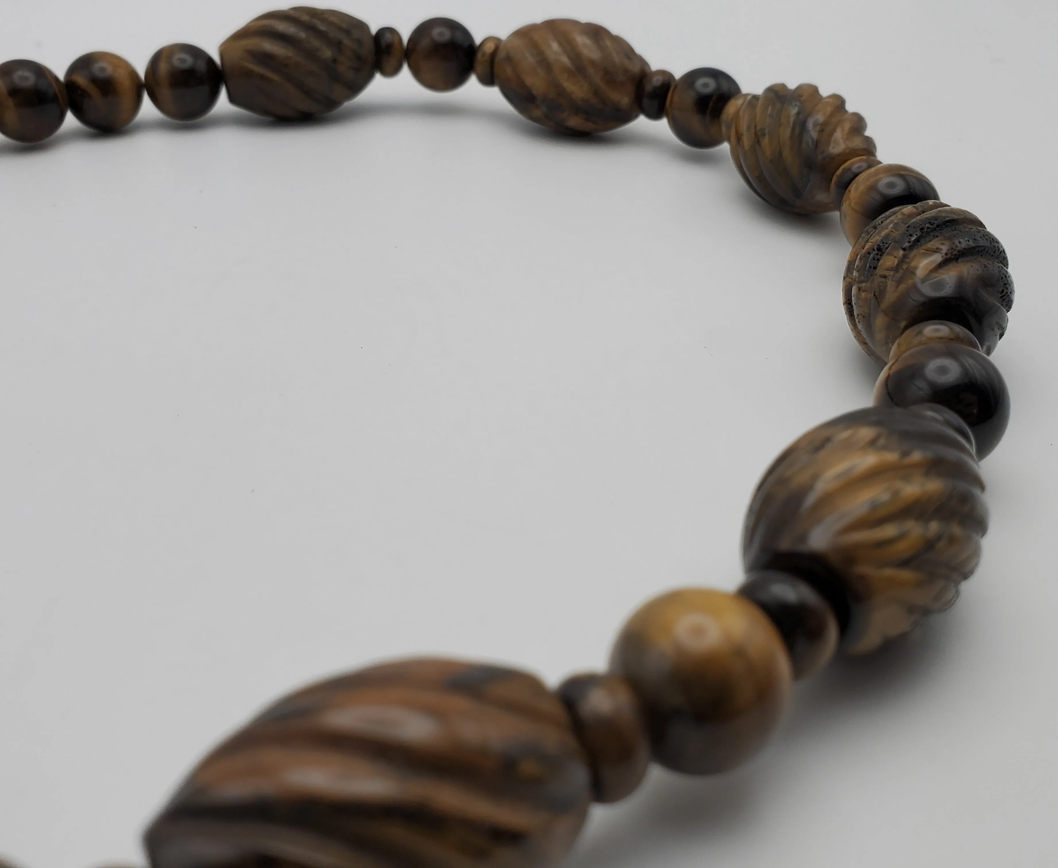 Vintage Handmade Carved Tiger's Eye Bead Necklace with Sterling Silver Clasp and Extension chain - 20.25   2.25"