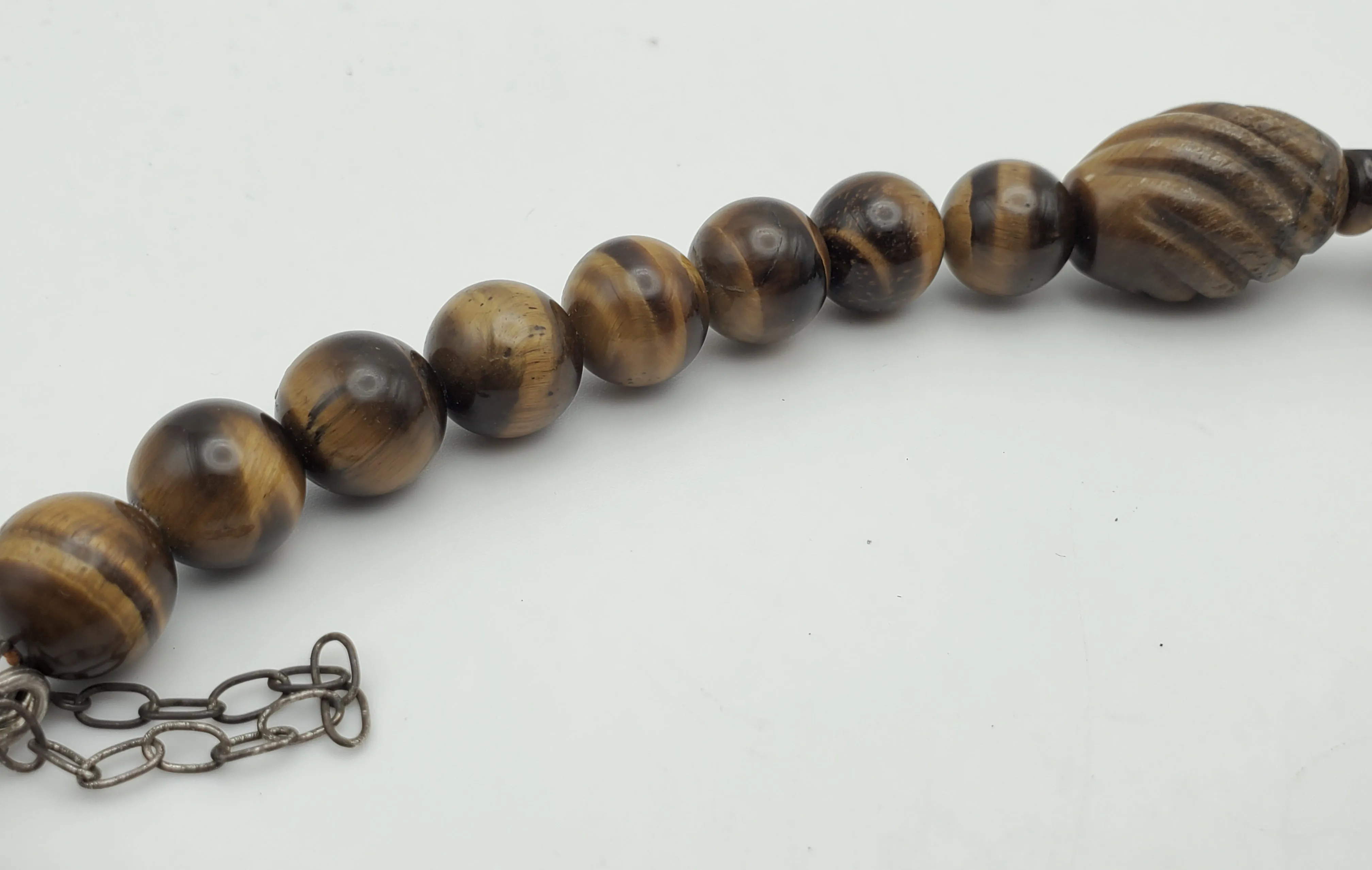 Vintage Handmade Carved Tiger's Eye Bead Necklace with Sterling Silver Clasp and Extension chain - 20.25   2.25"