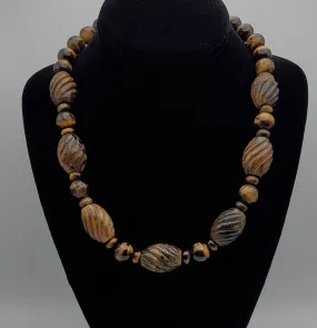 Vintage Handmade Carved Tiger's Eye Bead Necklace with Sterling Silver Clasp and Extension chain - 20.25   2.25"