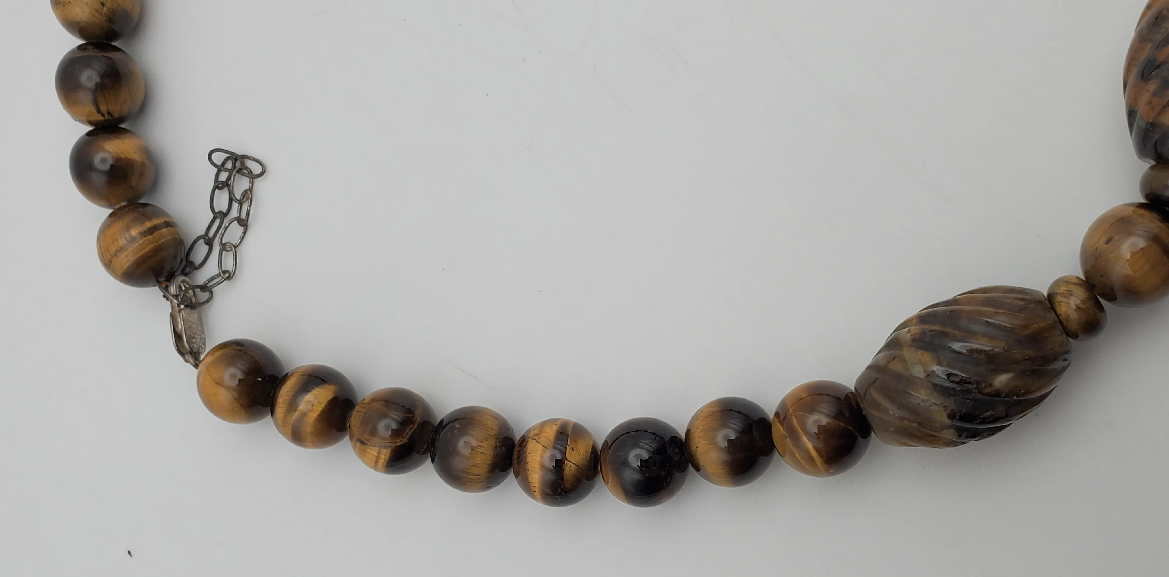 Vintage Handmade Carved Tiger's Eye Bead Necklace with Sterling Silver Clasp and Extension chain - 20.25   2.25"