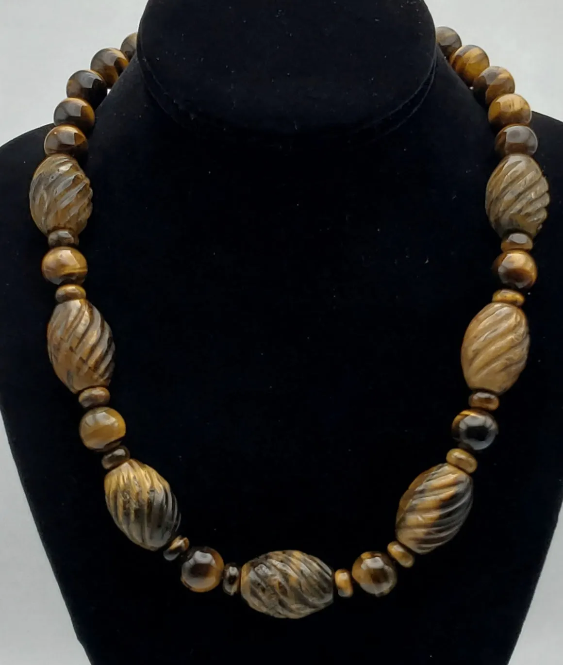 Vintage Handmade Carved Tiger's Eye Bead Necklace with Sterling Silver Clasp and Extension chain - 20.25   2.25"