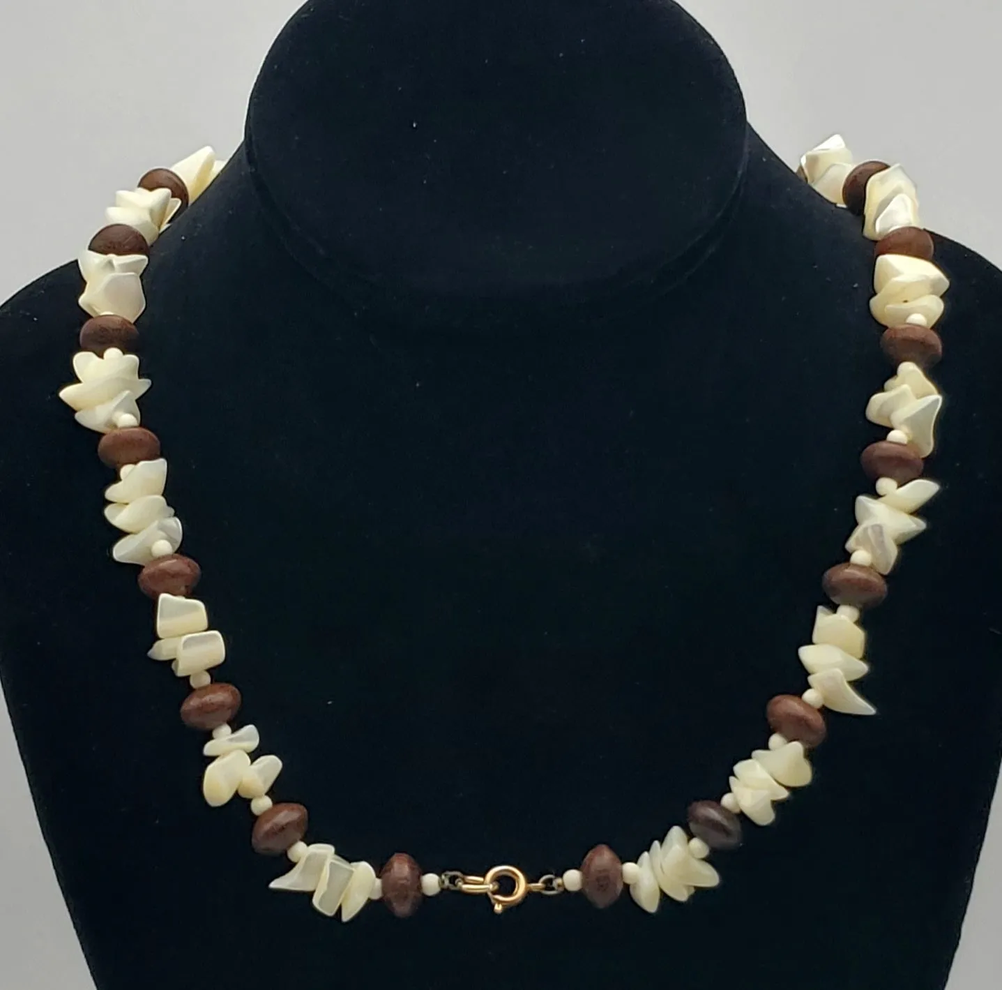 Vintage Nacre Shell Mother-of-Pearl and Wood Bead Necklace - 26"