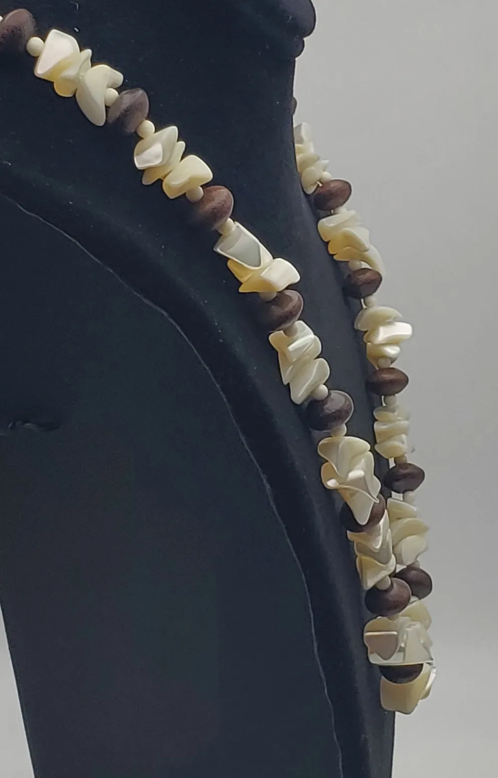 Vintage Nacre Shell Mother-of-Pearl and Wood Bead Necklace - 26"