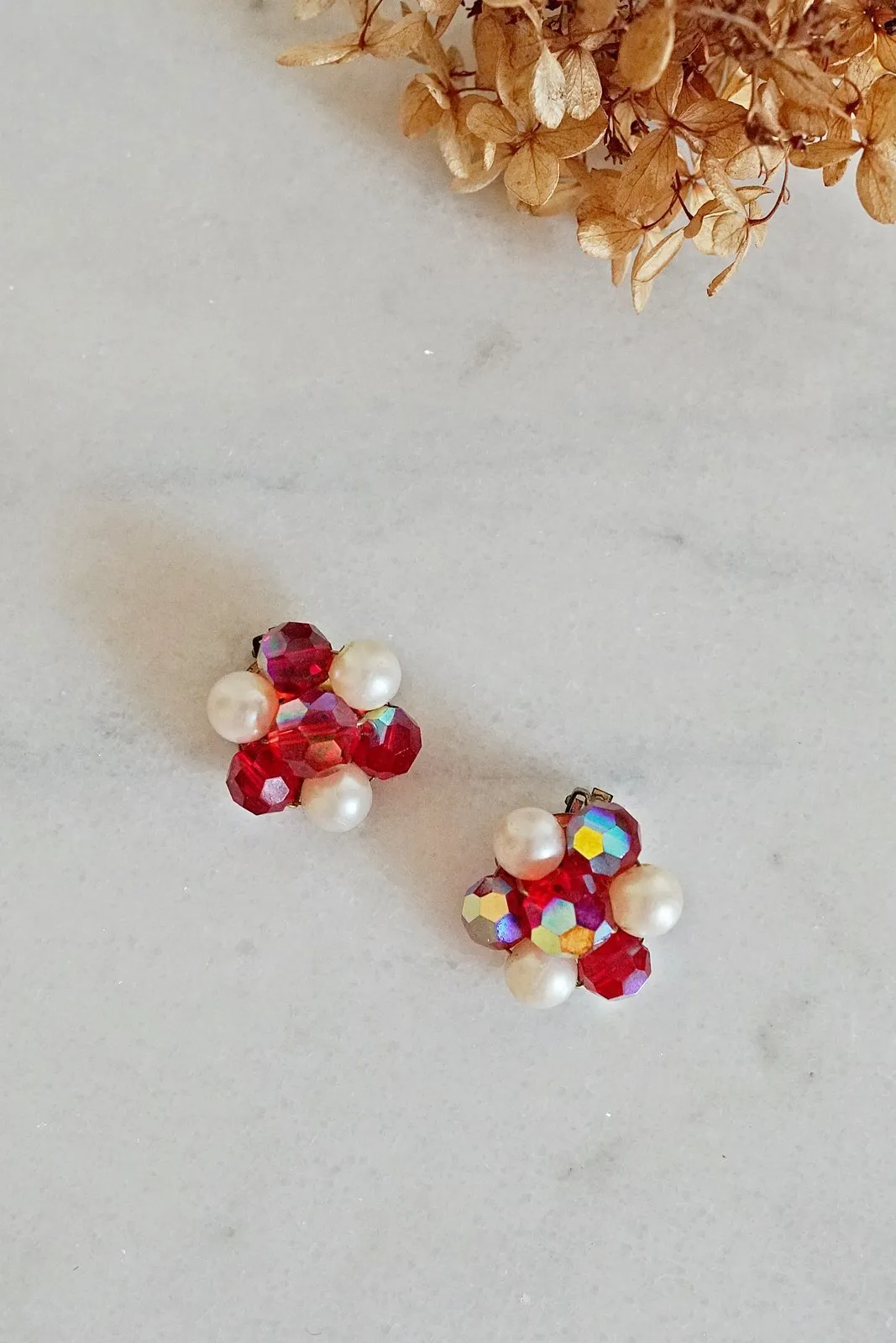 Vintage Ruby Red  Cluster Earrings