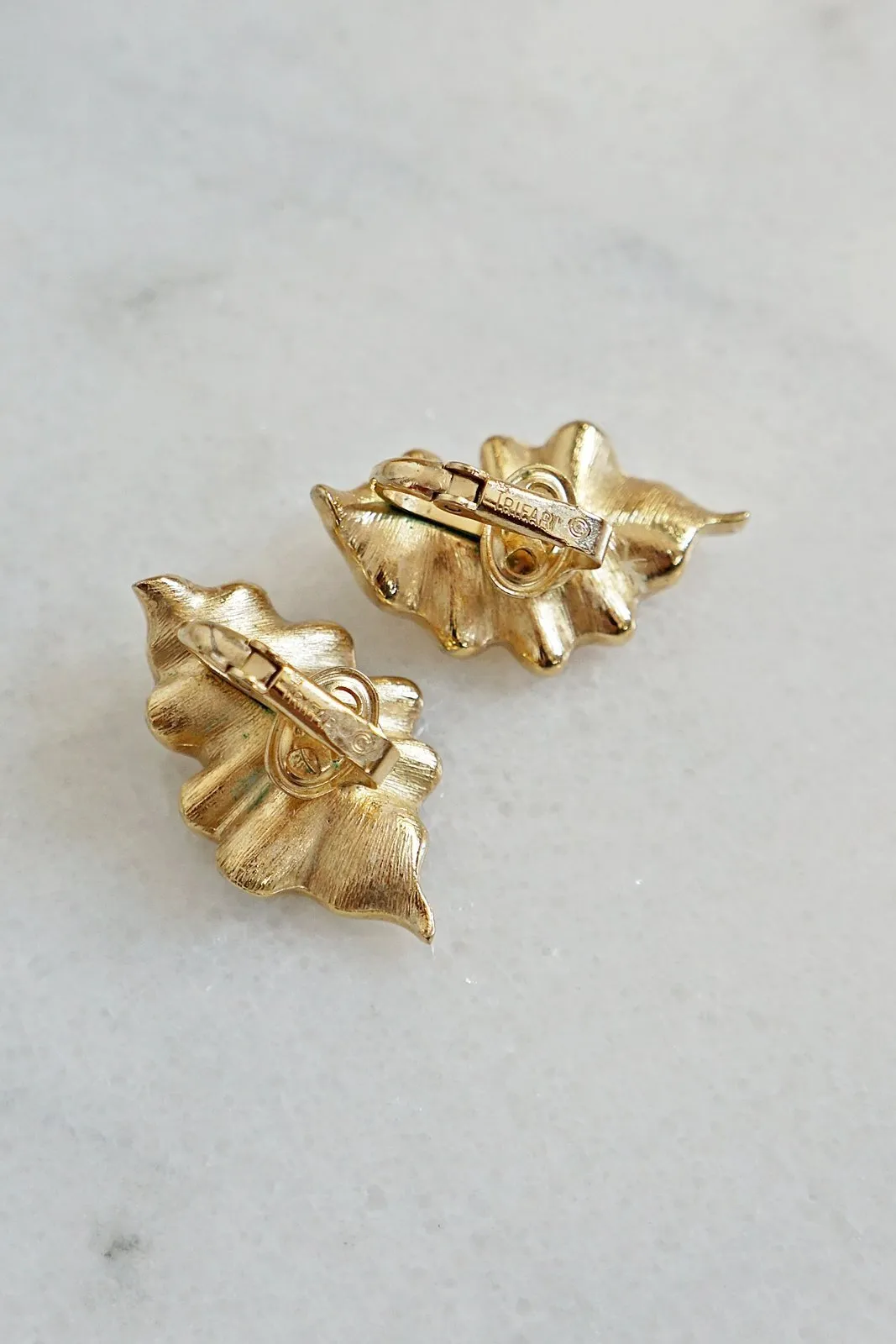 Vintage Shimmering Leaf  Gilded Ruby Earrings